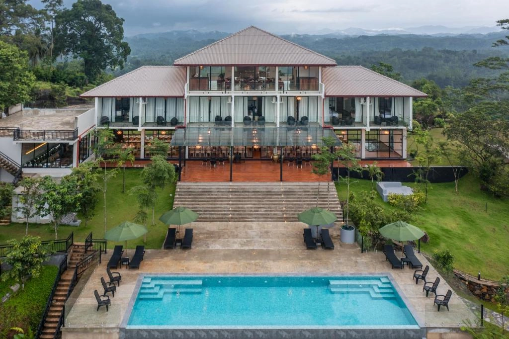 Serene poolside and rustic wooden deck
